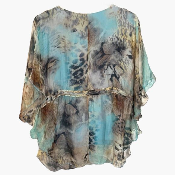 NWT LOLA V-Neck Aqua Drawstring Silk Animal Print Flowy Tunic Blouse S - Picture 6 of 8